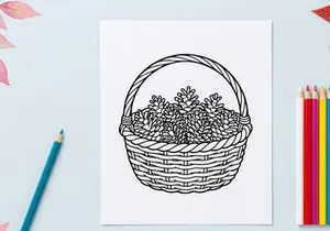 Line art illustration of a wicker basket filled with pine cones