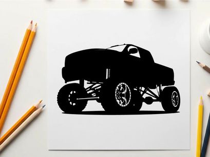 Silhouette of a large black monster truck on a white background