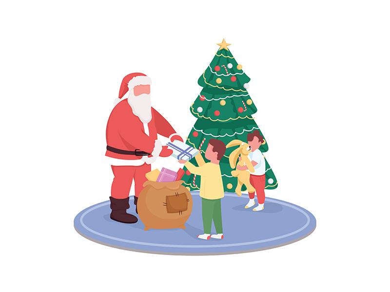 Santa Claus giving children presents flat color vector faceless characters