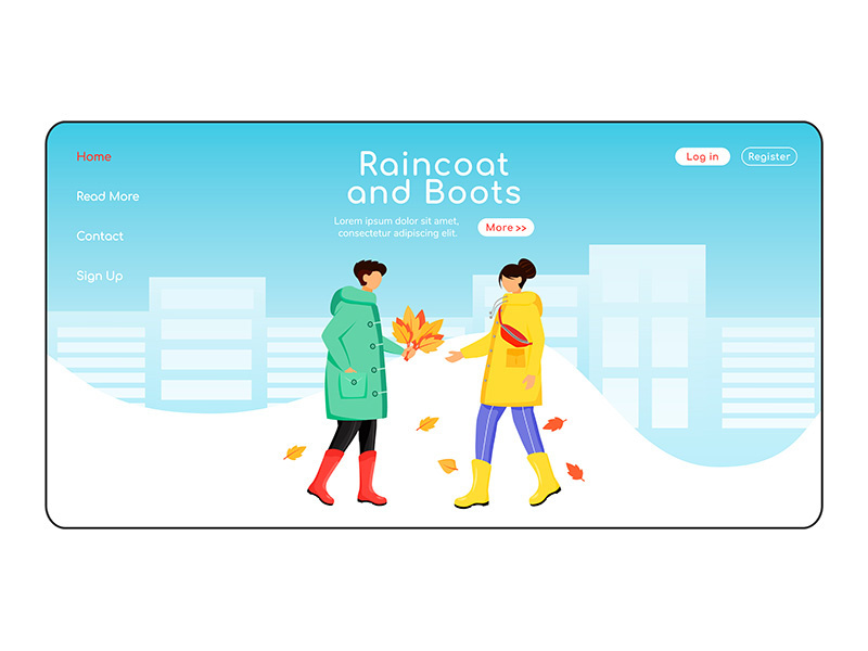 Raincoat and boots landing page flat color vector template
