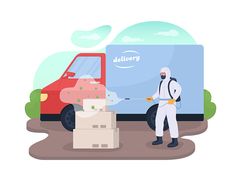 Delivery products disinfection 2D vector web banner, poster