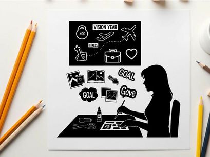 Silhouette of woman planning vision board with goals and inspiration
