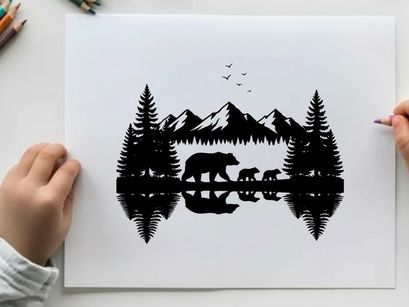 Silhouette of a bear family in a forest landscape