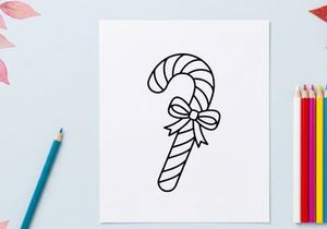 Christmas candy cane line art illustration with a decorative bow on white background