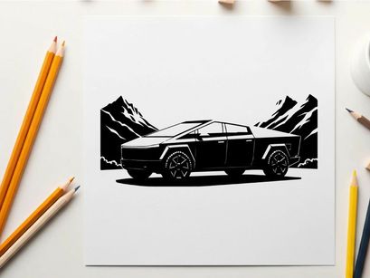 Silhouette of a futuristic electric pickup truck in front of mountains