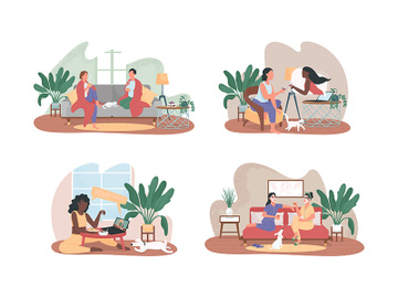 Friends relax at home together 2D vector web banner, poster set preview picture