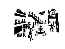 Silhouette of people in a shopping mall with fountain
