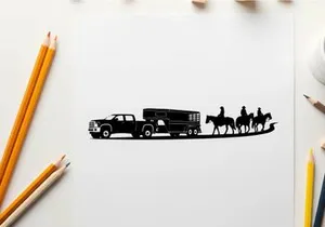 Silhouette of a pickup truck towing a horse trailer with riders on horseback silhouette