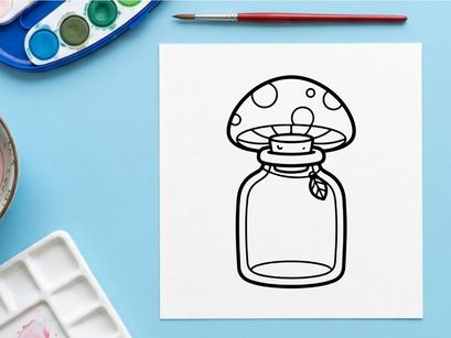 Mushroom glass jar illustration. Cute toadstool bottle drawing for coloring page.
