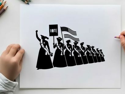Silhouette of women marching for voting rights in america