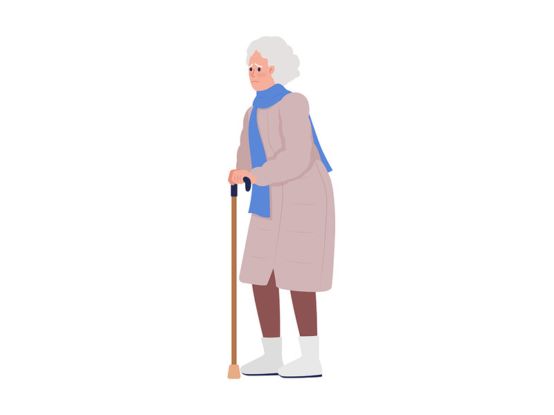 Worried old woman with walking stick flat color vector character