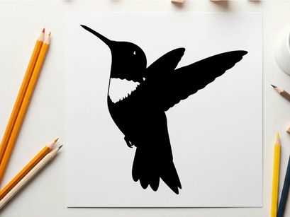 Silhouette of a hummingbird in flight with distinctive white throat patch