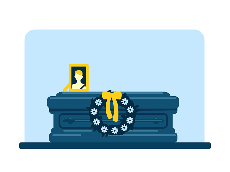 Dead man coffin and photo flat color vector illustration