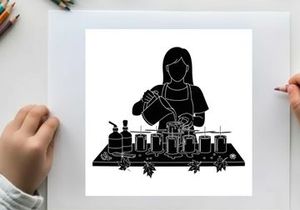 Silhouette of a woman mixing perfume in a laboratory setting with various bottles