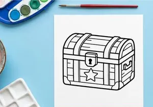 Classic wooden treasure chest with star and lock. Vintage pirate box for adventure and fantasy themes.