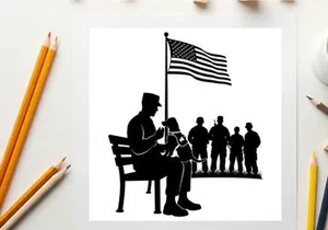 Silhouette of a soldier playing the trumpet with american flag and troops