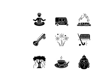 Indian customs black glyph icons set on white space preview picture