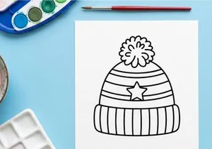 Topi beanie musim dingin dengan ikon bintang, ilustrasi vektor seni garis hitam putih.
