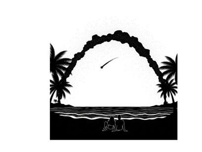 Comet or meteor passing over tropical island in silhouette