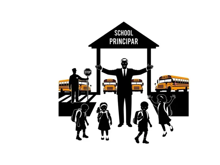 School principal silhouette welcoming students on a busy morning