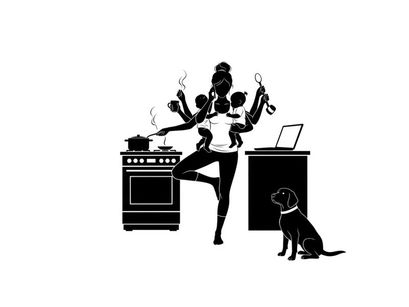 Silhouette of a multitasking woman with dog and kitchen office