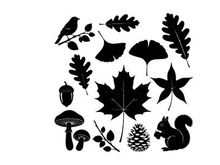 Silhouette of forest elements including leaves acorns and animals