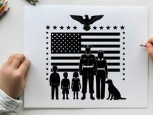 American family silhouette with flag and eagle emblem