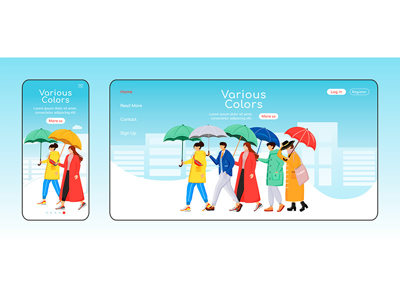 Various color umbrellas landing page flat color vector template
