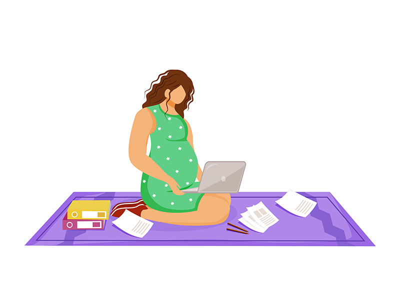 Pregnant freelancer woman with laptop doing her work flat vector illustration
