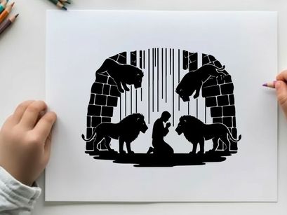 Biblical scene silhouette of daniel in the lions den