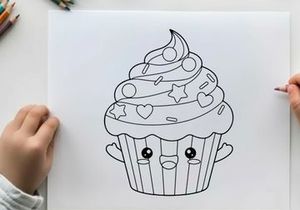 Cute cupcake mascot with stars and hearts vector illustration