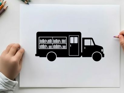 Silhouette of a mobile library truck with books on shelves