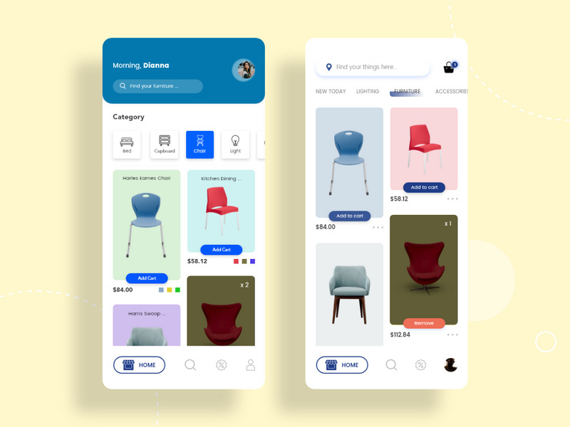 Home concept screen with 2 option for Furniture app