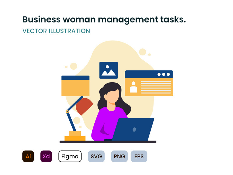 Business woman management tasks flat design concept.