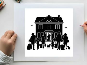 Family in silhouette standing outside a house with luggage preview picture
