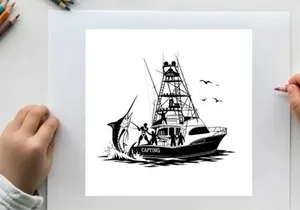 Silhouette of a fishing boat with a large catch and seagulls