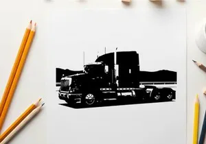 Silhouette of a semi truck on the road with mountains in the background