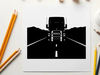 Silhouette of a large truck driving down a deserted highway at night