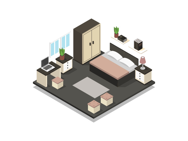 Illustrated isometric bedroom