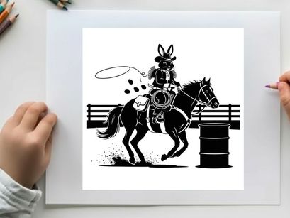 Bunny silhouette riding a horse and lassoing in a rodeo arena silhouette