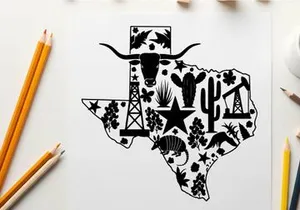 Texas silhouette with cowboy hat and western symbols