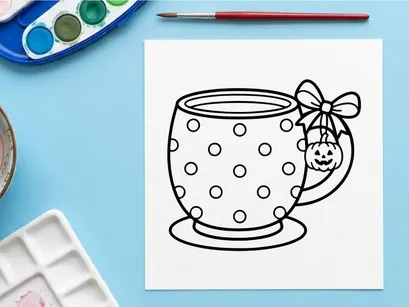 Hand-drawn Halloween teacup with smiling face and flower. Cute spooky ceramic mug illustration for festive autumn designs.