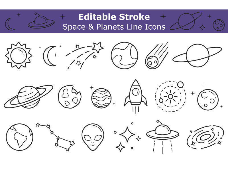 Space objects line icons set with editable stroke