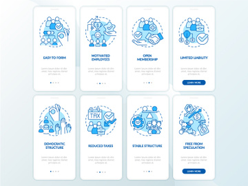 Business cooperatives advantages blue onboarding mobile app screen set preview picture