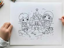 Children building sandcastle beach vector illustration flat design
