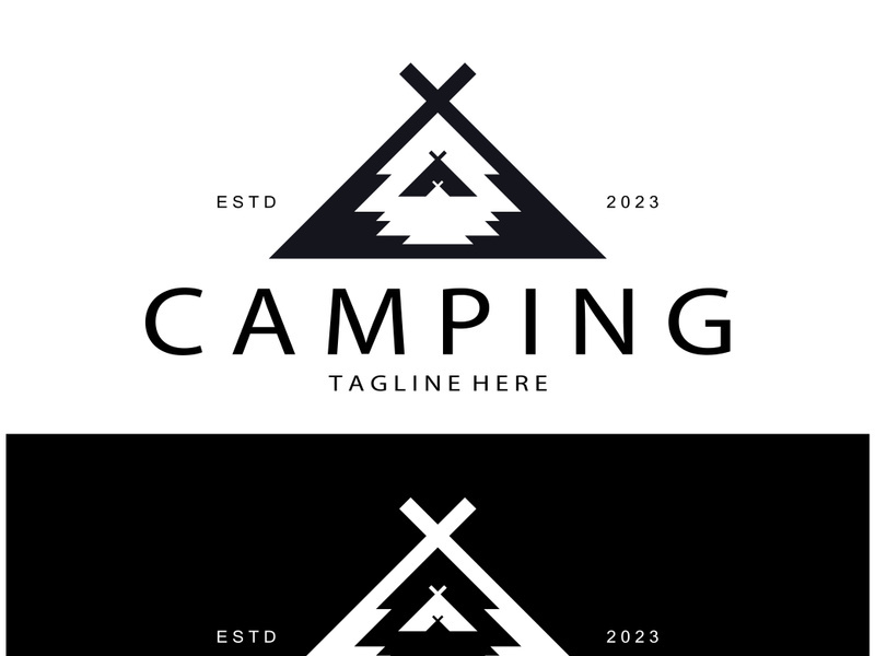 vintage and retro tent logo, camping. With tent, tree and bonfire sign. adventurers, scouts, climbers, camping equipment center