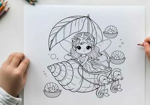 Fairy with umbrella and mushrooms vector illustration