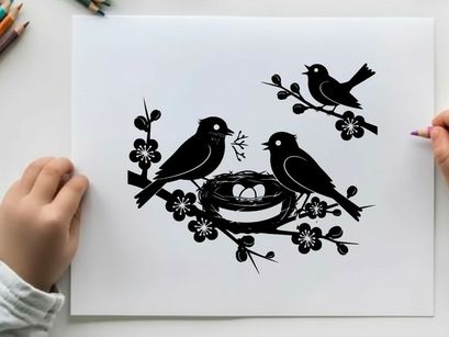 Silhouette of birds in nest with cherry blossoms silhouette