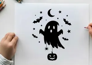 Halloween silhouette of a ghost with bats and pumpkin