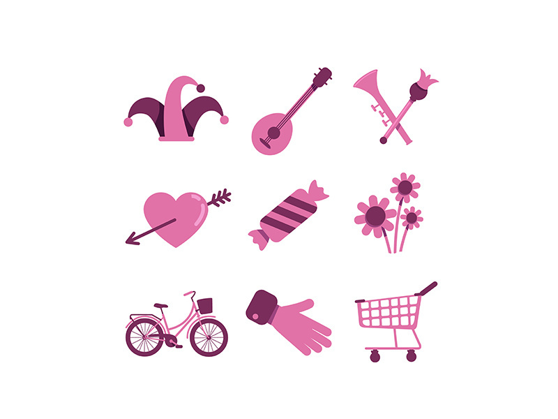 Valentines Day and shopping flat color vector objects set